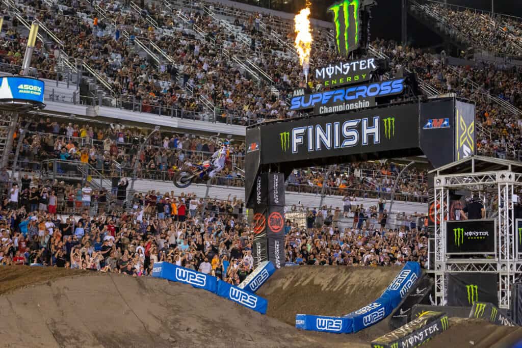 Eli Tomac crosses the finish jump to win at Daytona for the seventh time in his career. Photo by Feld Entertainment.